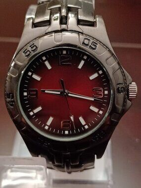 Men's Dark Silvery Black with Red Face Watch with second hand - WORKS!